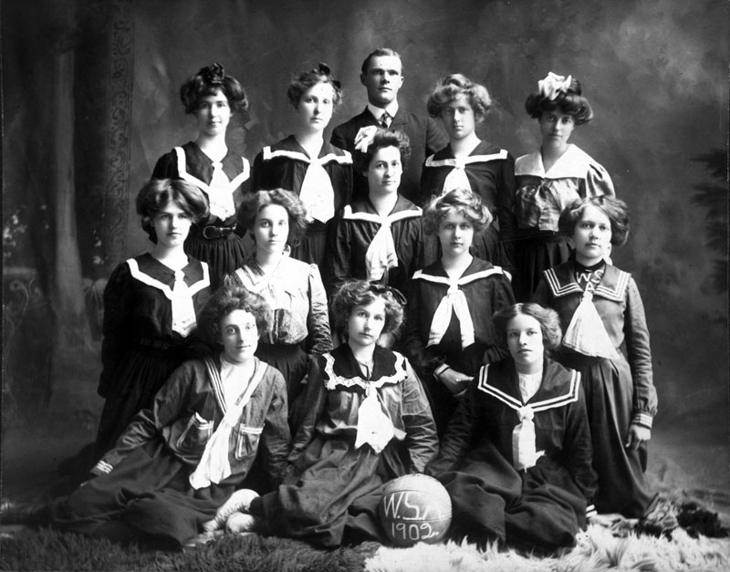 Black and white picture of women's basketball team