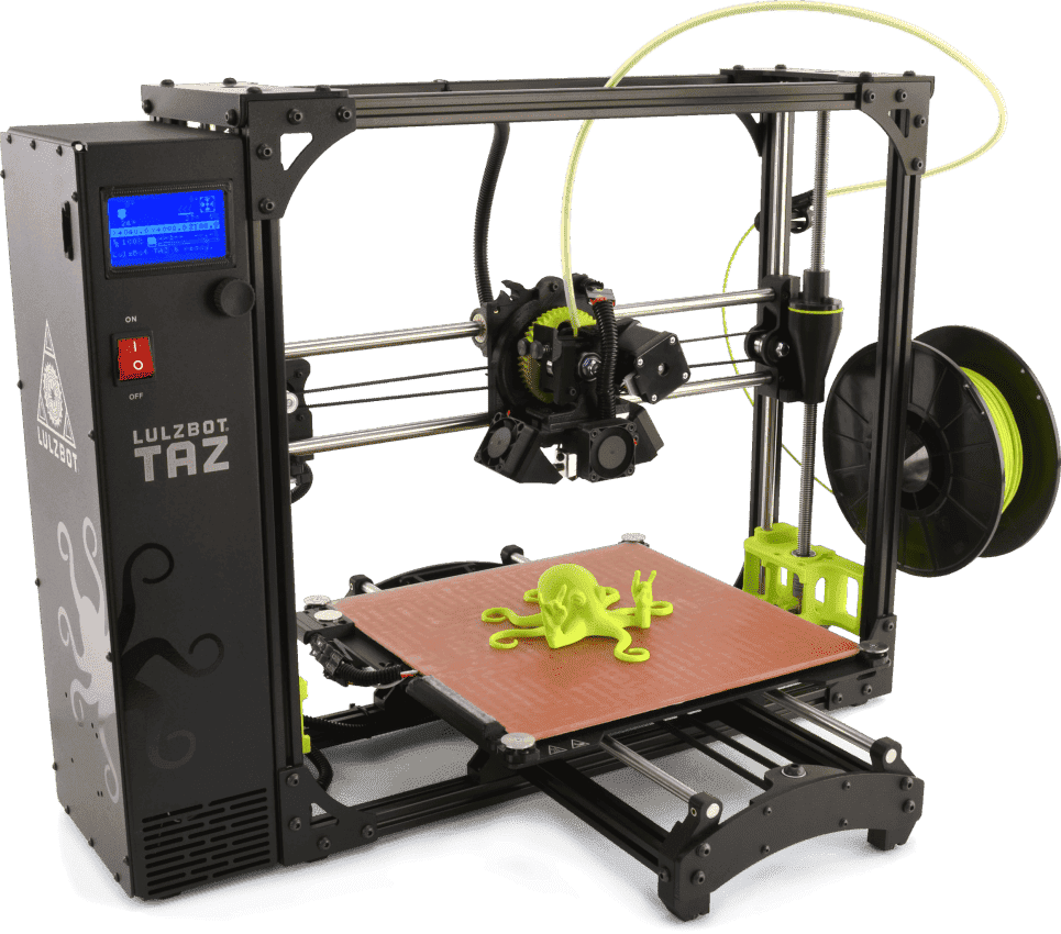 Black 3D printer with a neon green octopus figure on the plate